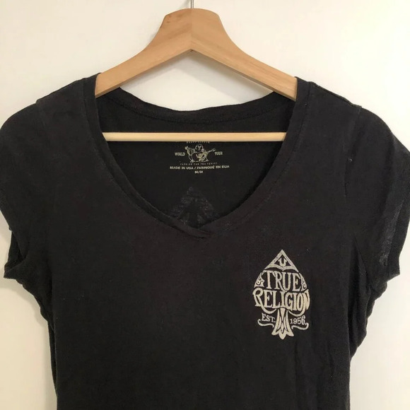 True Religion V Neck Y2K Short Sleeve Tee T-Shirt Size  M Black Logo Script - Picture 2 of 11